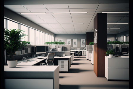 Modern office interior with desks, computers and window created using generative ai technology. Office interior and business concept digitally generated image.の素材