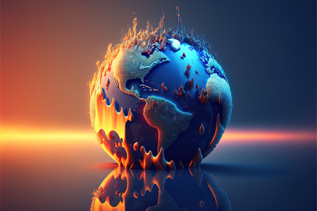 Blue and red burning globe on orange and blue background created using generative ai technology. Global warming and ecology concept, digitally generated image.の素材