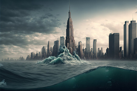 Flooding cityscape with skyscrapers and sea waves created using generative ai technology. Global warming and ecology concept, digitally generated image.の素材