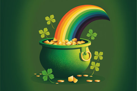 Green jar of gold and rainbow of leprechaun on green, created using generative ai technology. St patricks day and celebration concept digitally generated image.の素材