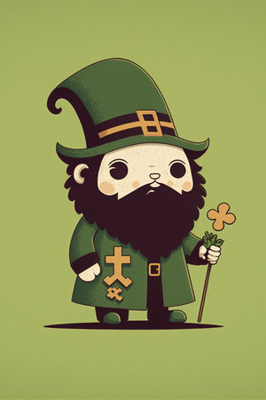 Leprechaun wearing green hat on green background, created using generative ai technology. St patricks day and celebration concept digitally generated image.の素材
