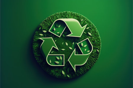 Recycling symbol with grass and leaves on green background, created using generative ai technology. Recycling and ecology concept digitally generated image.の素材