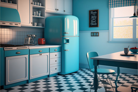 Image of retro kitchen interiors, fridge and dining table, created using generative ai technology. Retro interiors concept created digitally generated image.の素材