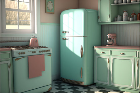Image of retro kitchen interiors with fridge and appliances, created using generative ai technology. Retro interiors concept created digitally generated image.の素材