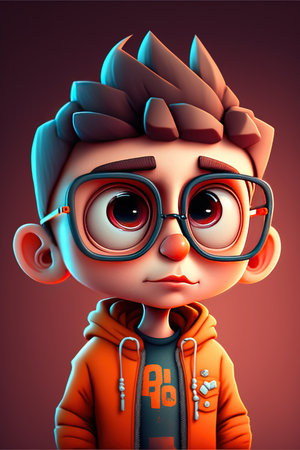Portrait of cute caucasian boy with glasses and brown hair, created using generative ai technology. Portrait and people concept, digitally generated image.の素材