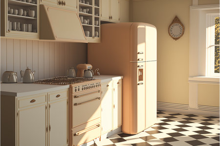 Image of retro kitchen interiors with fridge and appliances, created using generative ai technology. Retro interiors concept created digitally generated image.の素材
