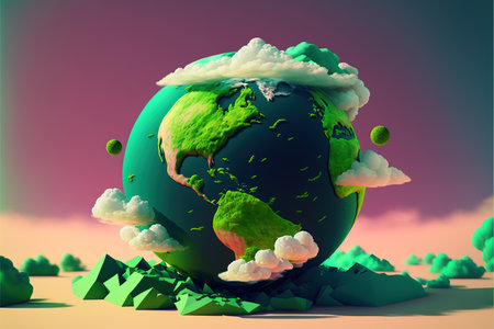 Globe and clouds on cracked ground on purple background, created using generative ai technology. Earth day and ecology concept digitally generated image.の素材