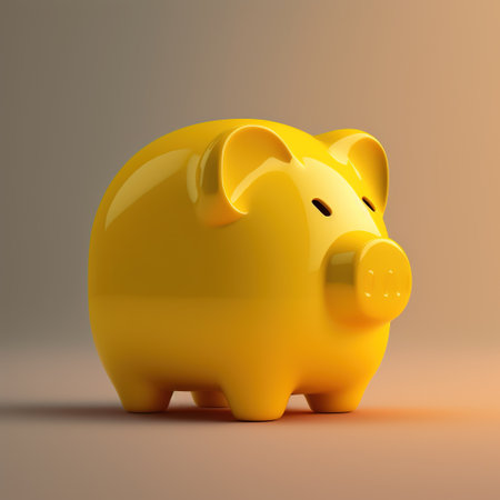 Image of yellow piggy bank on pink background, created using generative ai technology. Piggy bank and finances concept, digitally generated image.の素材