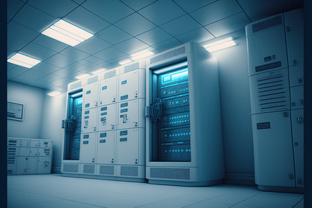 Image of empty server room, created using generative ai technology. Global technology and server room concept, digitally generated image.の素材