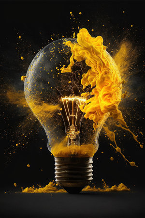 Image of lightbulb with yellow stains on black background, created using generative ai technology. Lightbulb, creative and pattern concept, digitally generated image.の素材