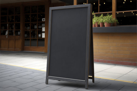 Image of chalkboard outside store with plants and copy space, created using generative ai technology. Shopping and retail concept, digitally generated image.の素材