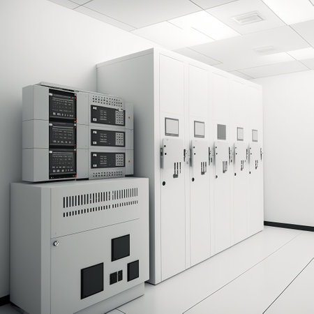 Image of empty server room, created using generative ai technology. Global technology and server room concept, digitally generated image.の素材
