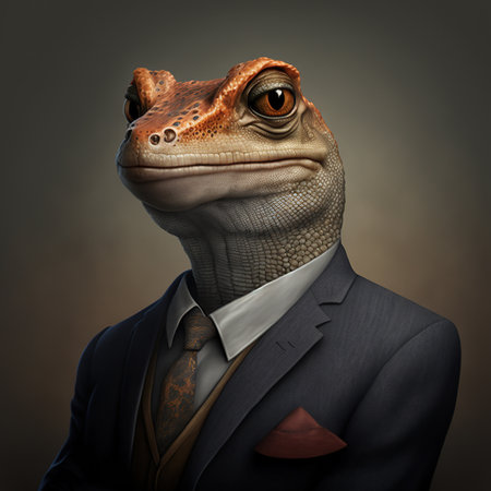 Lizard with suit and brown tie on dark background, created using generative ai technology. Nature and style concept, digitally generated image.の素材