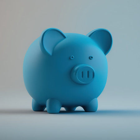Image of blue piggy bank on gray background, created using generative ai technology. Piggy bank and finances concept, digitally generated image.の素材