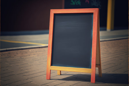 Chalkboard outside store with copy space on sidewalk, created using generative ai technology. Shopping and retail concept, digitally generated image.の素材