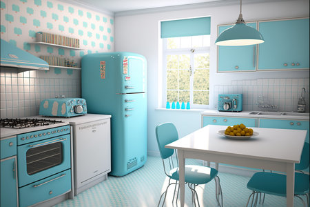 Image of retro kitchen and dining table interiors, created using generative ai technology. Retro interiors concept created digitally generated image.の素材