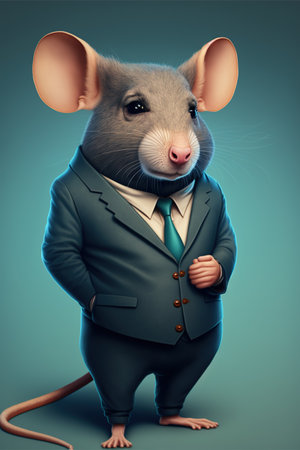 Mouse with suit and blue tie on blue background, created using generative ai technology. Nature and style concept, digitally generated image.の素材