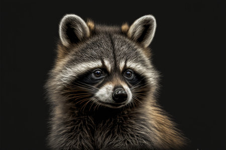 Portrait of cute raccoon on black background, created using generative ai technology. Portrait and animals concept, digitally generated image.の素材