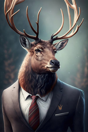 Deer with antlers in suit and striped tie on dark background, created using generative ai technology. Nature and style concept, digitally generated image.の素材