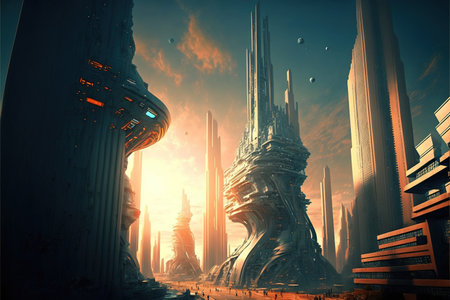 Image of futuristic cityscape with people, created using generative ai technology. City and futuristic concept, digitally generated image.の素材