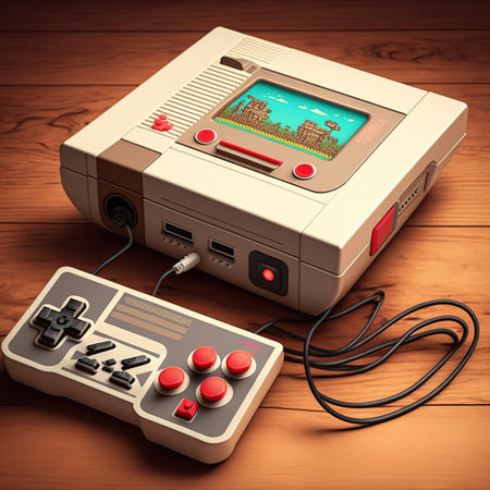 Retro gaming console and pad on wooden background, created using generative ai technology. Retro video game and home entertainment concept digitally generated image.の素材
