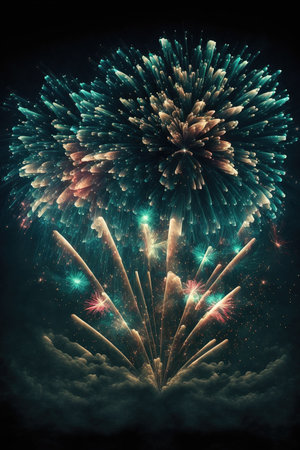 Multi coloured fireworks exploding on night sky, created using generative ai technology. Fireworks, new year's eve and celebration concept digitally generated image.の素材