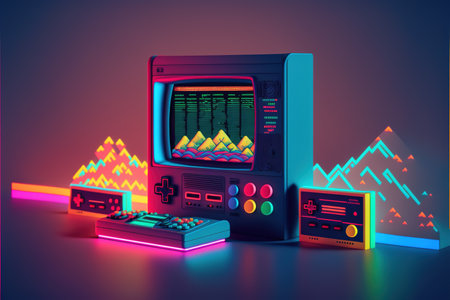 Retro gaming console and pads in neon background, created using generative ai technology. Retro video game and home entertainment concept digitally generated image.の素材