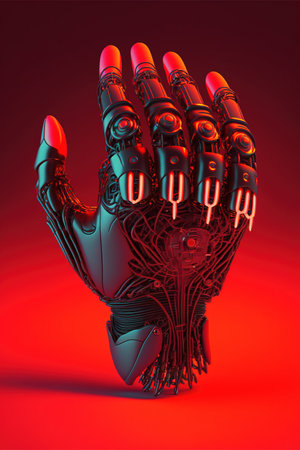 Image of cyber prosthetic of hand on red background, created using generative ai technology. Cyber, prosthetics and future concept, digitally generated image.の素材