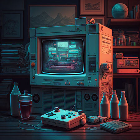Retro gaming console and pad in room, created using generative ai technology. Retro video game and home entertainment concept digitally generated image.の素材