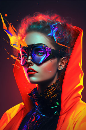 Portrait of caucasian woman with cyber adjustment, created using generative ai technology. Cyber, prosthetics and future concept, digitally generated image.の素材