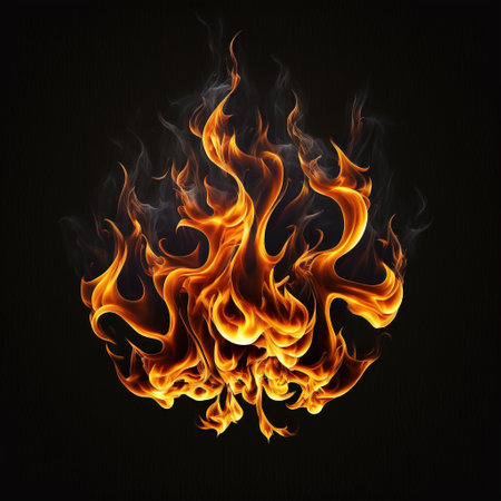 Detailed fire flames and smoke on black background, created using generative ai technology. Fire, heat, moke, pattern and colour concept digitally generated image.の素材