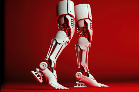 Image of cyber prosthetic of legs on red background, created using generative ai technology. Cyber, prosthetics and future concept, digitally generated image.の素材