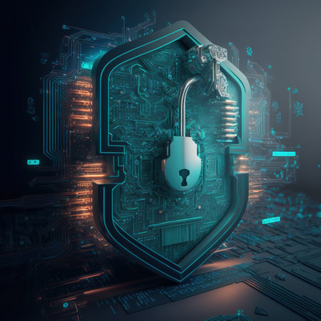 Composition of padlock over network of connections and icons, created using generative ai technology. Padlock and cyber security concept digitally generated image.の素材