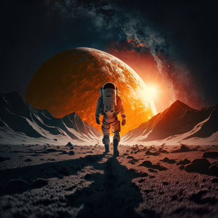Astronaut exploring moon with mountains, created using generative ai technology. Space, planets and astronaut concept, digitally generated image.の素材