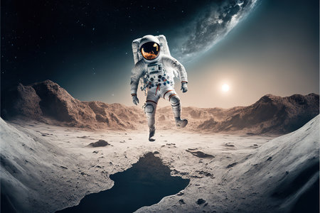 Astronaut exploring and floating on moon, created using generative ai technology. Space, planets and astronaut concept, digitally generated image.の素材