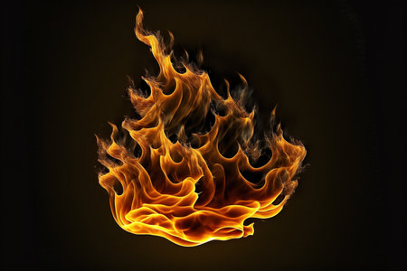 Detailed fire flames on black background, created using generative ai technology. Fire, heat, pattern and colour concept digitally generated image.の素材