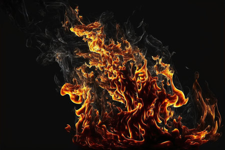 Detailed fire flames and smoke on black background, created using generative ai technology. Fire, heat, moke, pattern and colour concept digitally generated image.の素材