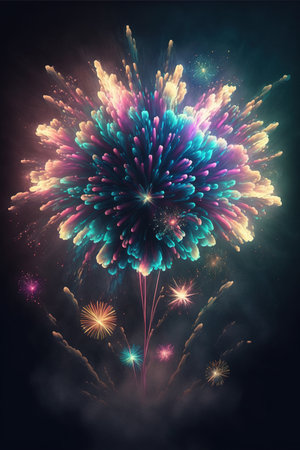 Multi coloured fireworks exploding on black background, created using generative ai technology. Fireworks, new year's eve and celebration concept digitally generated image.の素材