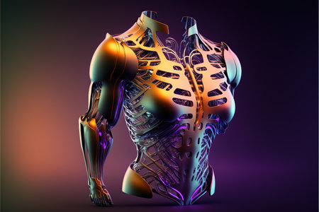 Image of cyber prosthetic of body on black background, created using generative ai technology. Cyber, prosthetics and future concept, digitally generated image.の素材
