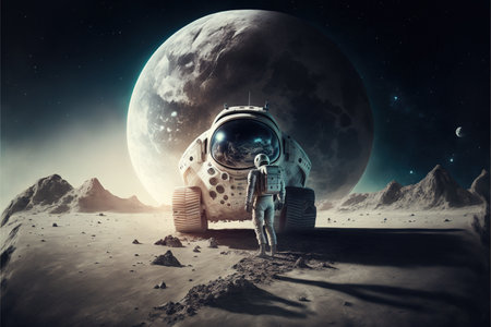 Astronaut exploring with space vehicle on moon, created using generative ai technology. Space, planets and astronaut concept, digitally generated image.の素材