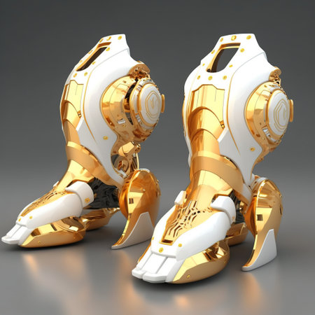 Image of cyber prosthetic of legs on gray background, created using generative ai technology. Cyber, prosthetics and future concept, digitally generated image.の素材