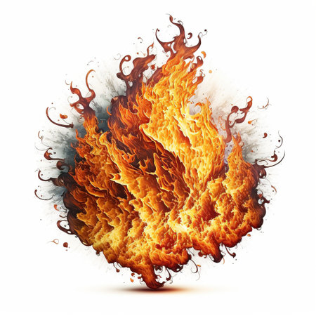 Detailed fire flames and smoke on white background, created using generative ai technology. Fire, heat, moke, pattern and colour concept digitally generated image.の素材