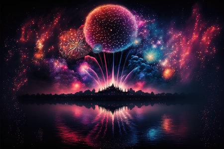 Multi coloured fireworks exploding over water, created using generative ai technology. Fireworks, new year's eve and celebration concept digitally generated image.の素材
