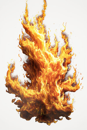 Detailed fire flames and smoke on white background, created using generative ai technology. Fire, heat, moke, pattern and colour concept digitally generated image.の素材
