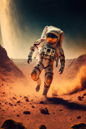 Astronaut exploring planet mars with dust, created using generative ai technology. Space, planets and astronaut concept, digitally generated image.の素材