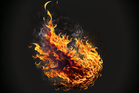 Detailed fire flames and smoke on black background, created using generative ai technology. Fire, heat, moke, pattern and colour concept digitally generated image.の素材