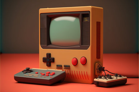 Retro gaming console and pads on orange background, created using generative ai technology. Retro video game and home entertainment concept digitally generated image.の素材
