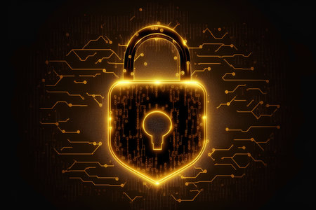 Composition of padlock over network of connections, created using generative ai technology. Padlock and cyber security concept digitally generated image.の素材