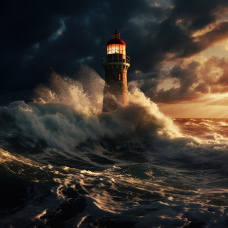 Lighthouse and stormy seas at night, created using generative ai technologyの素材