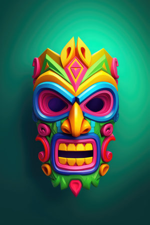 Colourful tiki mask on green background, created using generative ai technologyの素材